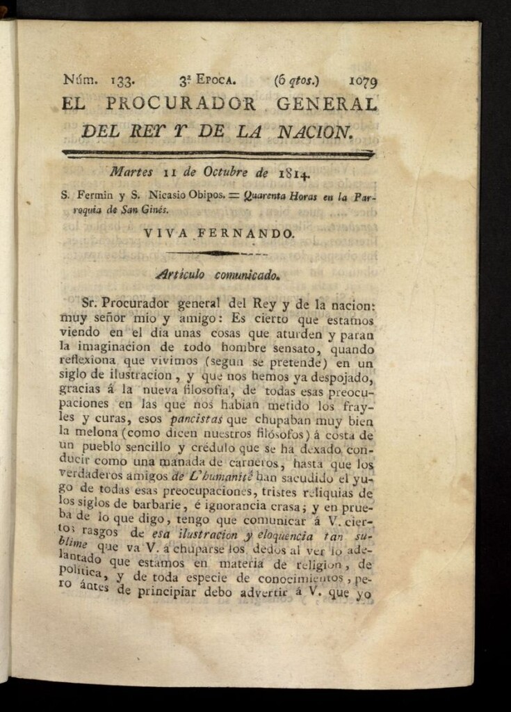 Miniatura de El Procurador General de la Nación y del Rey (Madrid) del 11 de octubre de 1814, nº 133