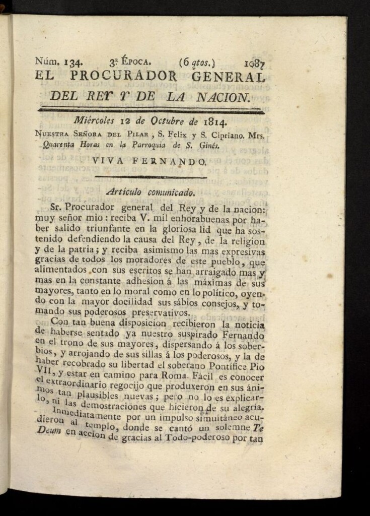 Miniatura de El Procurador General de la Nación y del Rey (Madrid) del 12 de octubre de 1814, nº 134