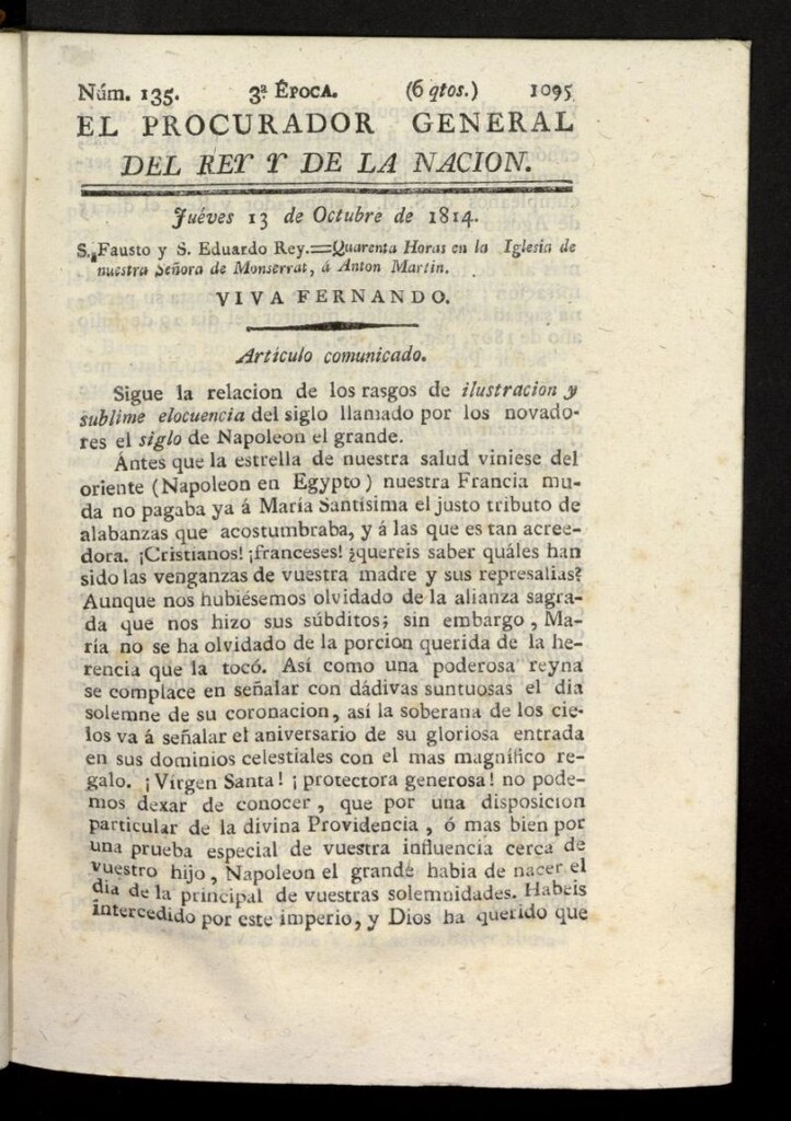 Miniatura de El Procurador General de la Nación y del Rey (Madrid) del 13 de octubre de 1814, nº 135