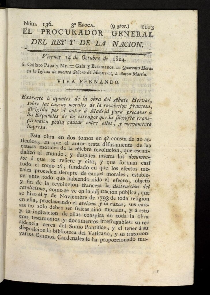 Miniatura de El Procurador General de la Nación y del Rey (Madrid) del 14 de octubre de 1814, nº 136