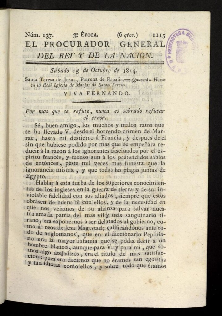 Miniatura de El Procurador General de la Nación y del Rey (Madrid) del 15 de octubre de 1814, nº 137