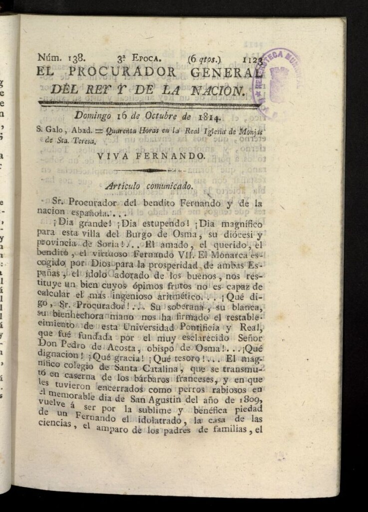 Miniatura de El Procurador General de la Nación y del Rey (Madrid) del 16 de octubre de 1814, nº 138