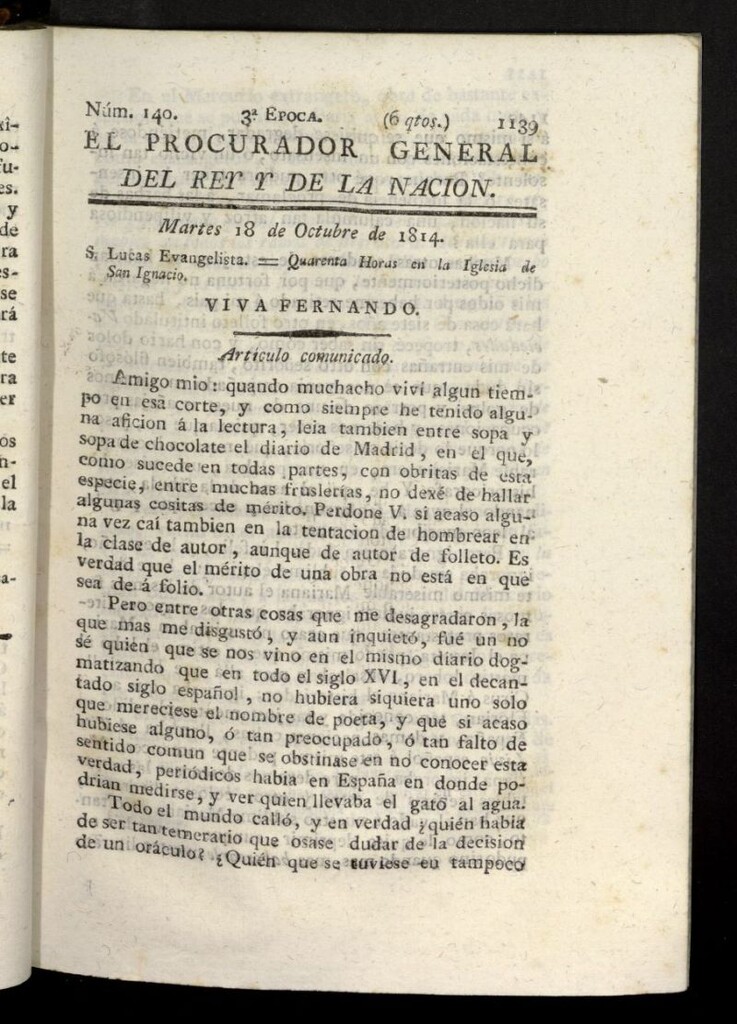 Miniatura de El Procurador General de la Nación y del Rey (Madrid) del 18 de octubre de 1814, nº 140