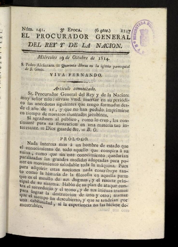 Miniatura de El Procurador General de la Nación y del Rey (Madrid) del 19 de octubre de 1814, nº 141