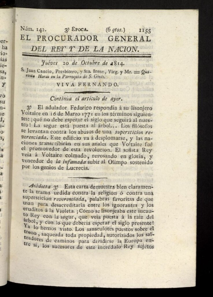 Miniatura de El Procurador General de la Nación y del Rey (Madrid) del 20 de octubre de 1814, nº 142
