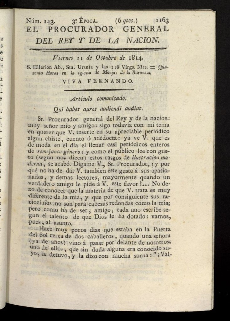 Miniatura de El Procurador General de la Nación y del Rey (Madrid) del 21 de octubre de 1814, nº 143