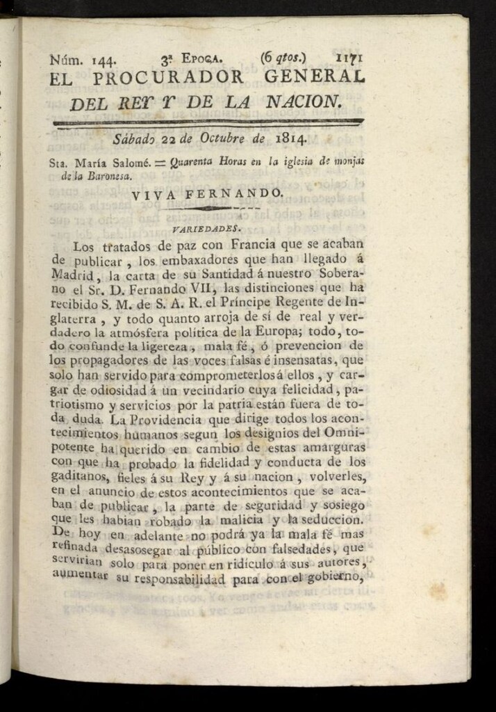 Miniatura de El Procurador General de la Nación y del Rey (Madrid) del 22 de octubre de 1814, nº 144