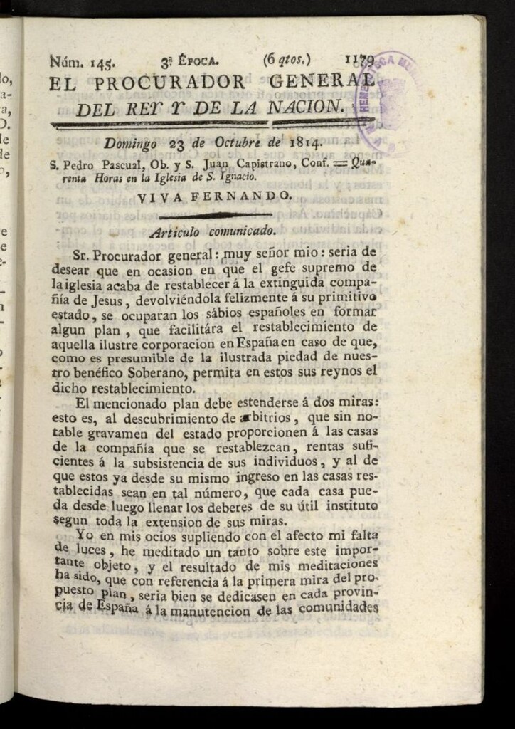 Miniatura de El Procurador General de la Nación y del Rey (Madrid) del 23 de octubre de 1814, nº 145