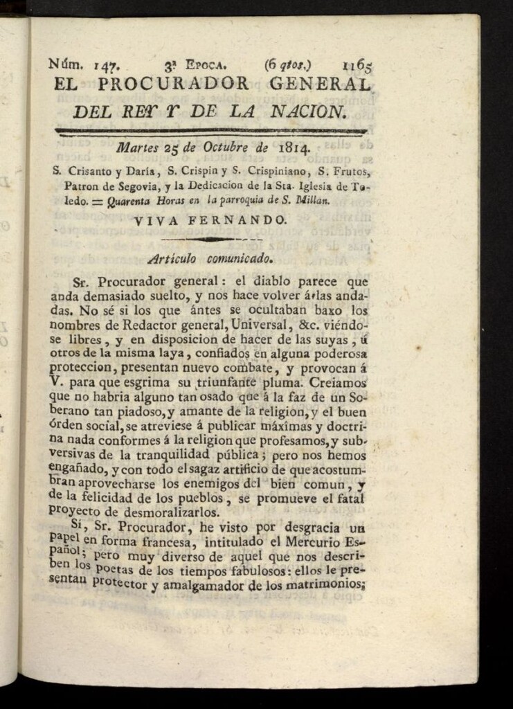 Miniatura de El Procurador General de la Nación y del Rey (Madrid) del 25 de octubre de 1814, nº 147