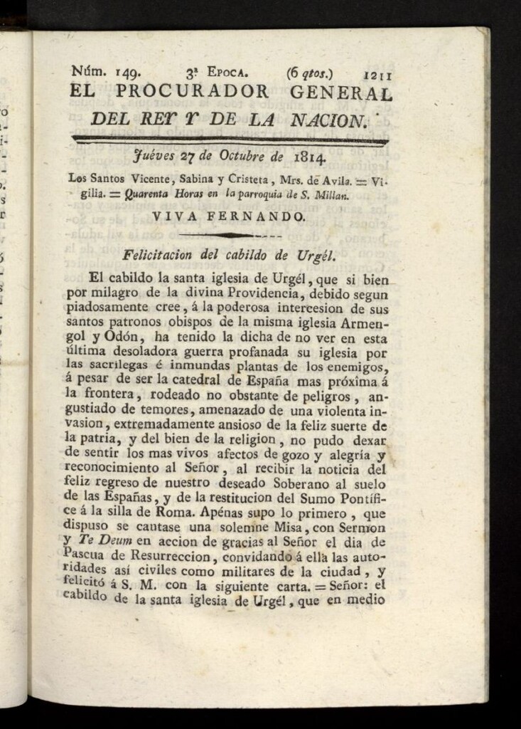 Miniatura de El Procurador General de la Nación y del Rey (Madrid) del 27 de octubre de 1814, nº 149