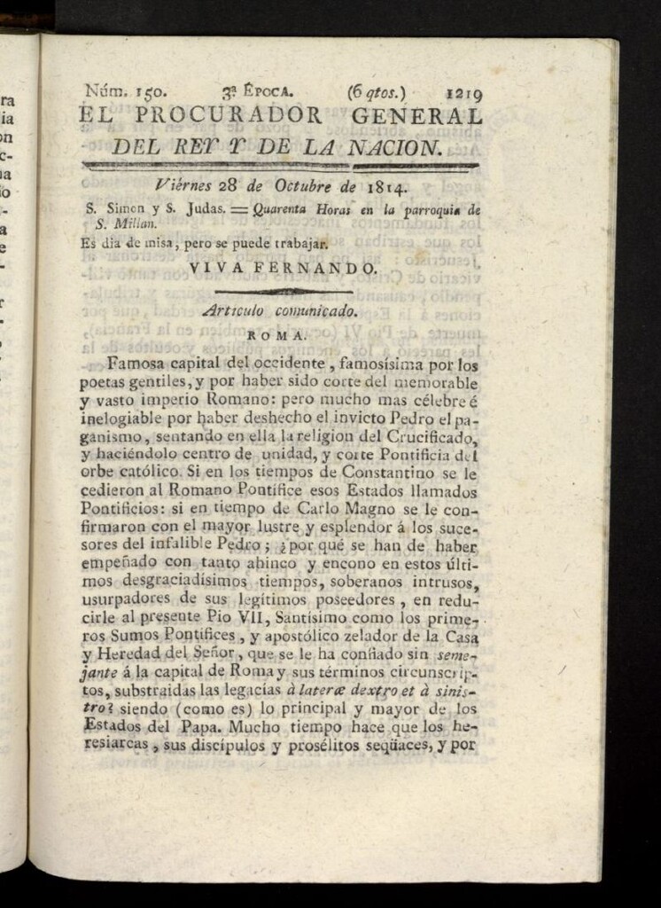 Miniatura de El Procurador General de la Nación y del Rey (Madrid) del 28 de octubre de 1814, nº 150