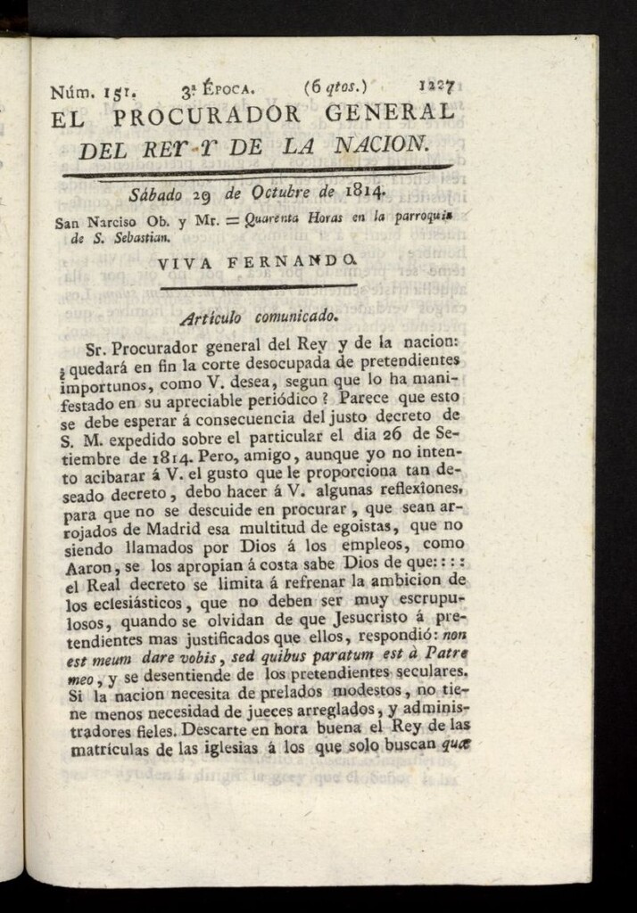 Miniatura de El Procurador General de la Nación y del Rey (Madrid) del 29 de octubre de 1814, nº 151