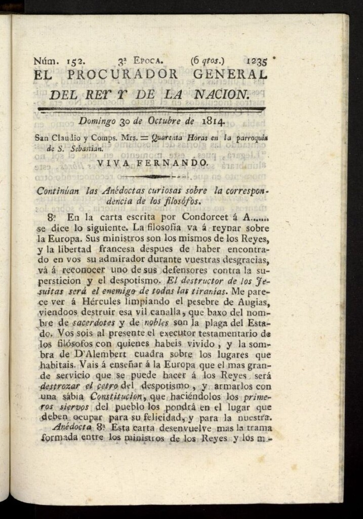 Miniatura de El Procurador General de la Nación y del Rey (Madrid) del 30 de octubre de 1814, nº 152
