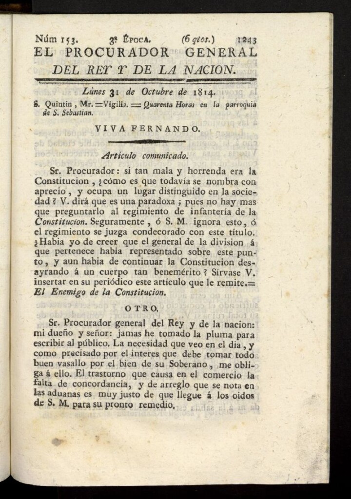 Miniatura de El Procurador General de la Nación y del Rey (Madrid) del 31 de octubre de 1814, nº 153