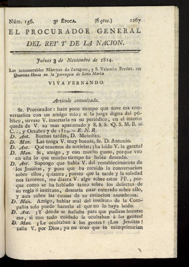 Miniatura de El Procurador General de la Nación y del Rey (Madrid) del 3 de noviembre de 1814, nº 156