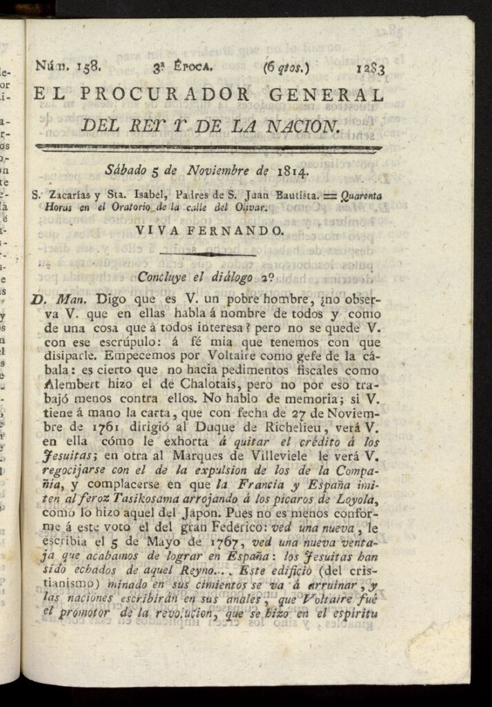 Miniatura de El Procurador General de la Nación y del Rey (Madrid) del 5 de noviembre de 1814, nº 158