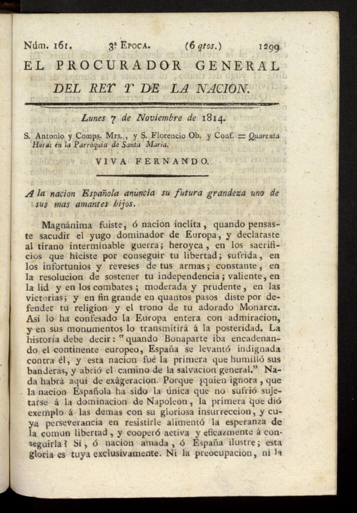 Miniatura de El Procurador General de la Nación y del Rey (Madrid) del 7 de noviembre de 1814, nº 161