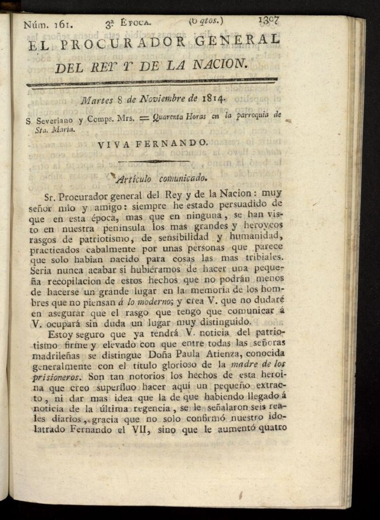 Miniatura de El Procurador General de la Nación y del Rey (Madrid) del 8 de noviembre de 1814, nº 161