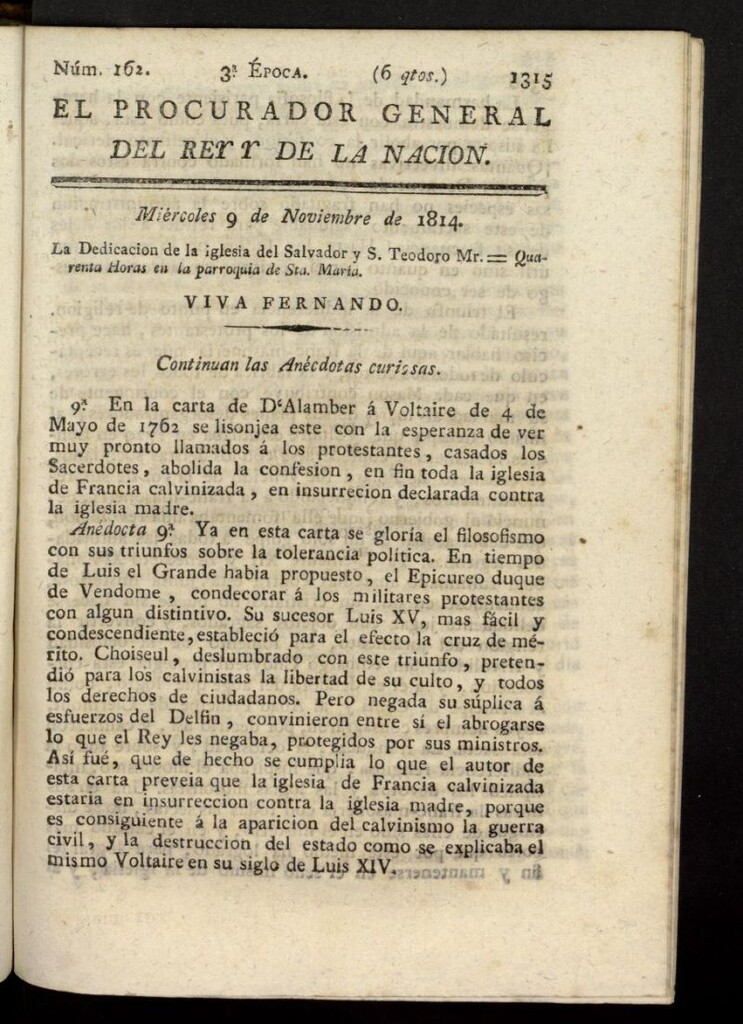 Miniatura de El Procurador General de la Nación y del Rey (Madrid) del 9 de noviembre de 1814, nº 162