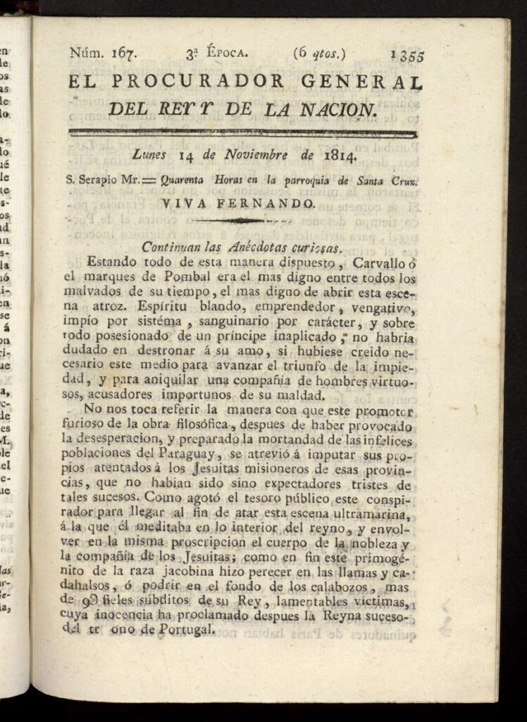 Miniatura de El Procurador General de la Nación y del Rey (Madrid) del 14 de noviembre de 1814, nº 167