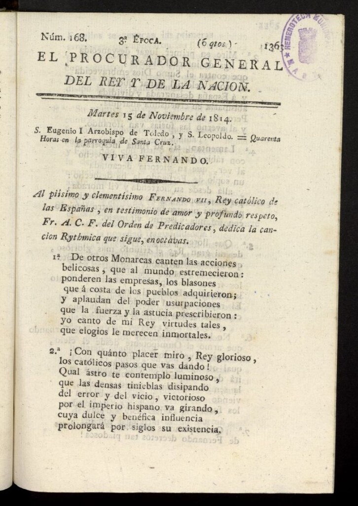 Miniatura de El Procurador General de la Nación y del Rey (Madrid) del 15 de noviembre de 1814, nº 168