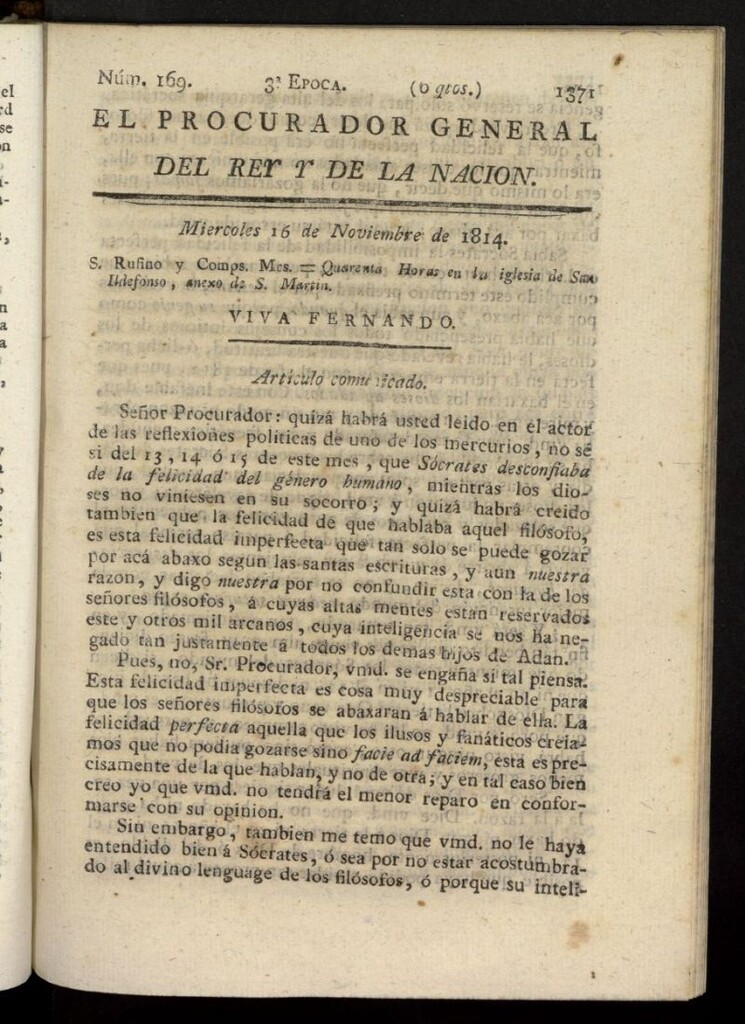 Miniatura de El Procurador General de la Nación y del Rey (Madrid) del 16 de noviembre de 1814, nº 169