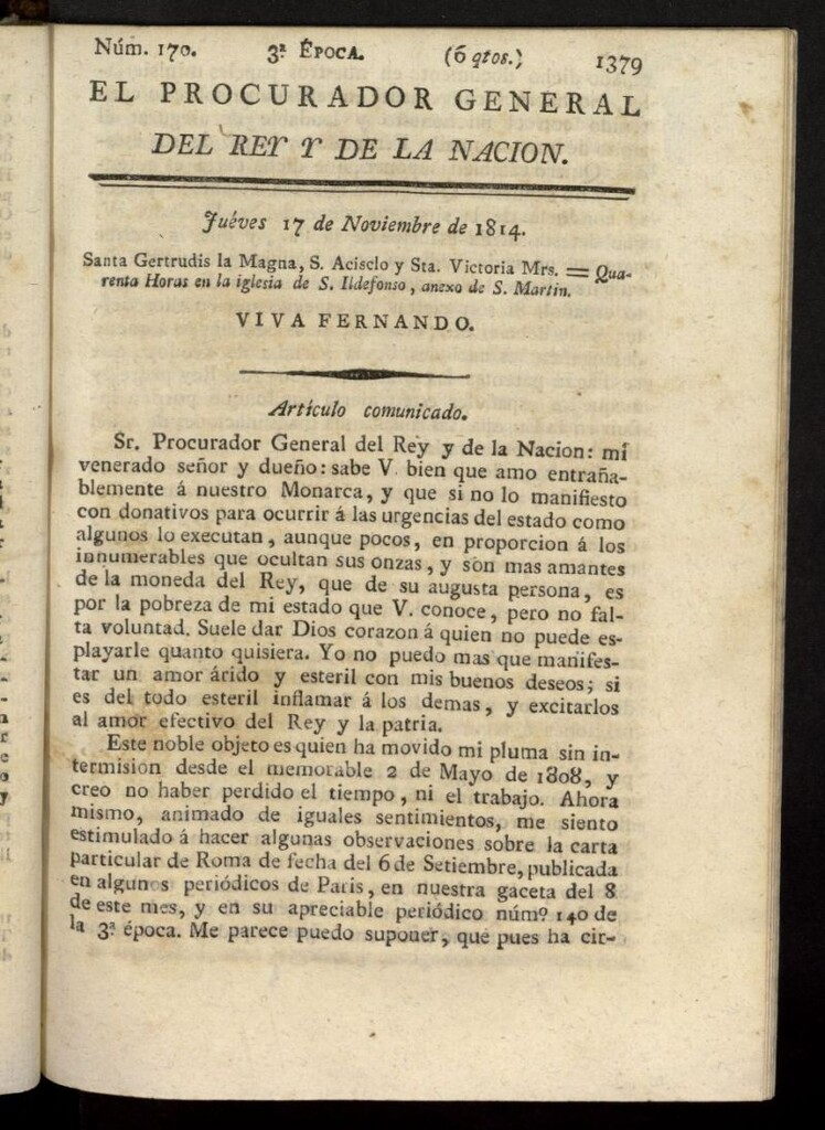 Miniatura de El Procurador General de la Nación y del Rey (Madrid) del 17 de noviembre de 1814, nº 170