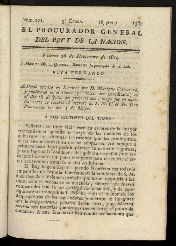 Miniatura de El Procurador General de la Nación y del Rey (Madrid) del 18 de noviembre de 1814, nº 171
