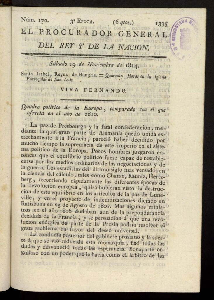 Miniatura de El Procurador General de la Nación y del Rey (Madrid) del 19 de noviembre de 1814, nº 172