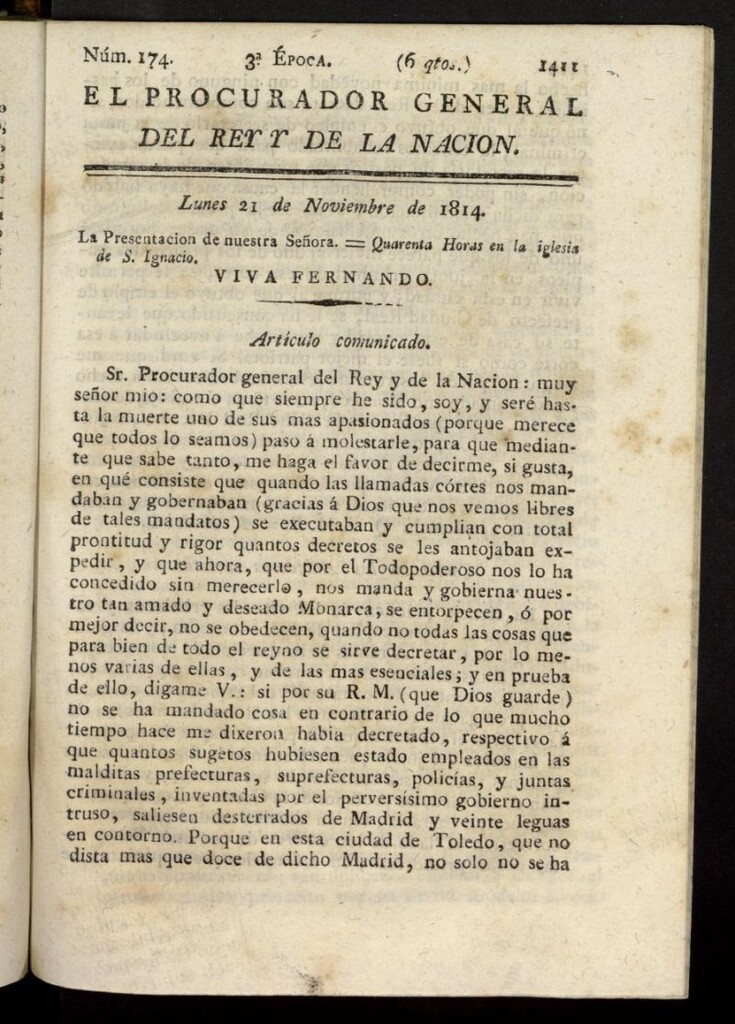 Miniatura de El Procurador General de la Nación y del Rey (Madrid) del 21 de noviembre de 1814, nº 174