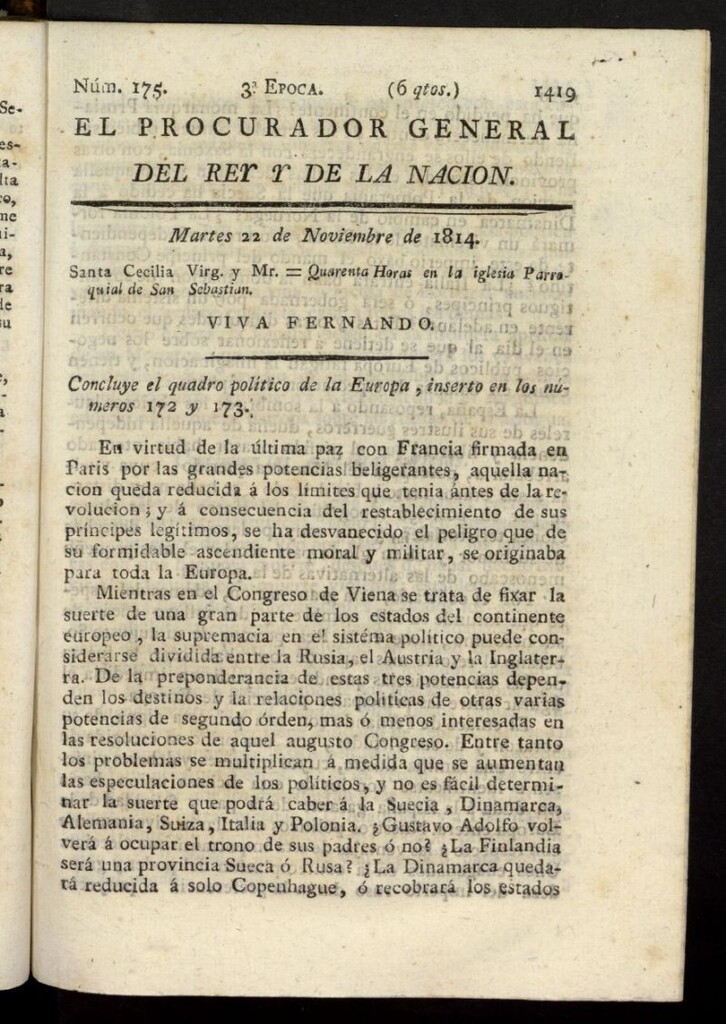 Miniatura de El Procurador General de la Nación y del Rey (Madrid) del 22 de noviembre de 1814, nº 175