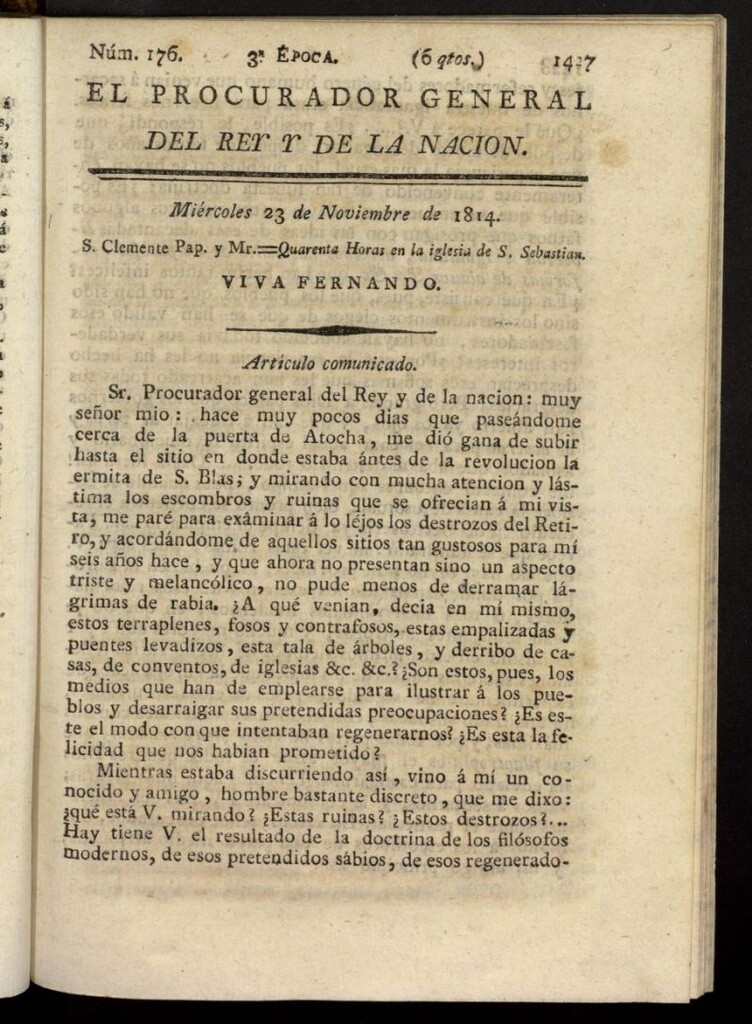 Miniatura de El Procurador General de la Nación y del Rey (Madrid) del 23 de noviembre de 1814, nº 176