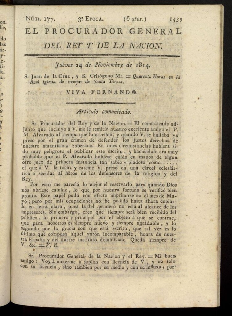 Miniatura de El Procurador General de la Nación y del Rey (Madrid) del 24 de noviembre de 1814, nº 177