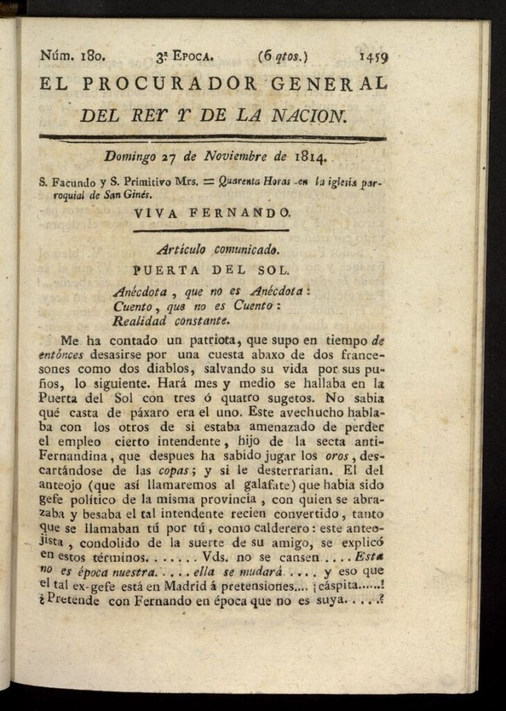 Miniatura de El Procurador General de la Nación y del Rey (Madrid) del 27 de noviembre de 1814, nº 180