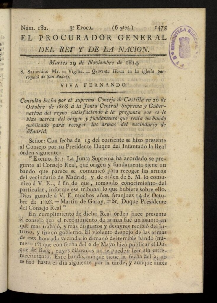 Miniatura de El Procurador General de la Nación y del Rey (Madrid) del 29 de noviembre de 1814, nº 182