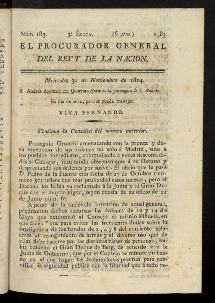 Miniatura de El Procurador General de la Nación y del Rey (Madrid) del 30 de noviembre de 1814, nº 183