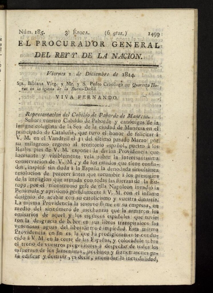 Miniatura de El Procurador General de la Nación y del Rey (Madrid) del 2 de diciembre de 1814, nº 185