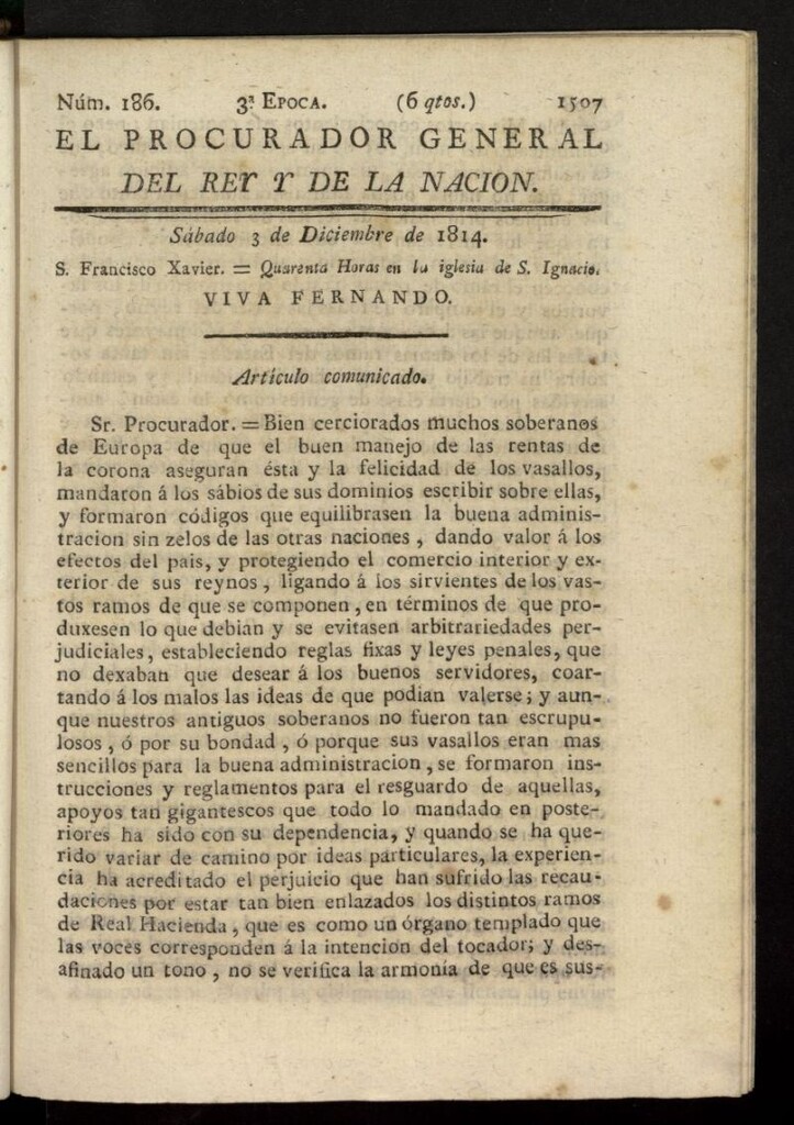 Miniatura de El Procurador General de la Nación y del Rey (Madrid) del 3 de diciembre de 1814, nº 186