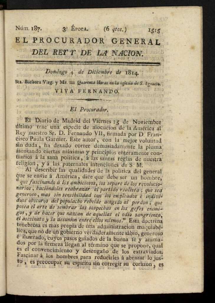 Miniatura de El Procurador General de la Nación y del Rey (Madrid) del 4 de diciembre de 1814, nº 187