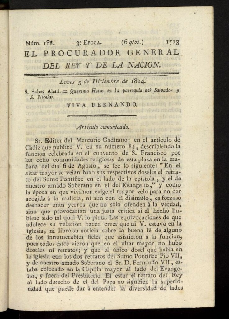 Miniatura de El Procurador General de la Nación y del Rey (Madrid) del 5 de diciembre de 1814, nº 188