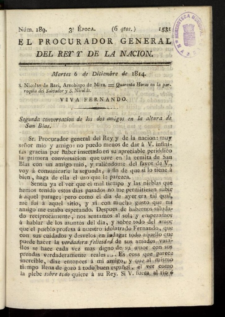 Miniatura de El Procurador General de la Nación y del Rey (Madrid) del 6 de diciembre de 1814, nº 189
