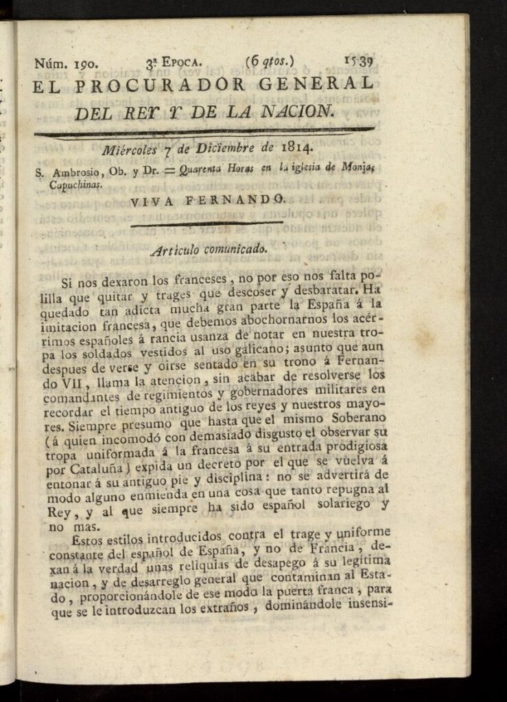 Miniatura de El Procurador General de la Nación y del Rey (Madrid) del 7 de diciembre de 1814, nº 190