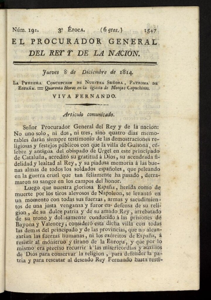 Miniatura de El Procurador General de la Nación y del Rey (Madrid) del 8 de diciembre de 1814, nº 191