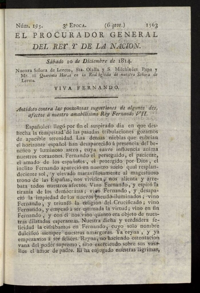 Miniatura de El Procurador General de la Nación y del Rey (Madrid) del 10 de diciembre de 1814, nº 193