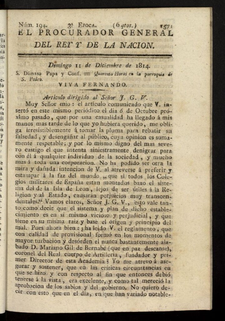 Miniatura de El Procurador General de la Nación y del Rey (Madrid) del 11 de diciembre de 1814, nº 194
