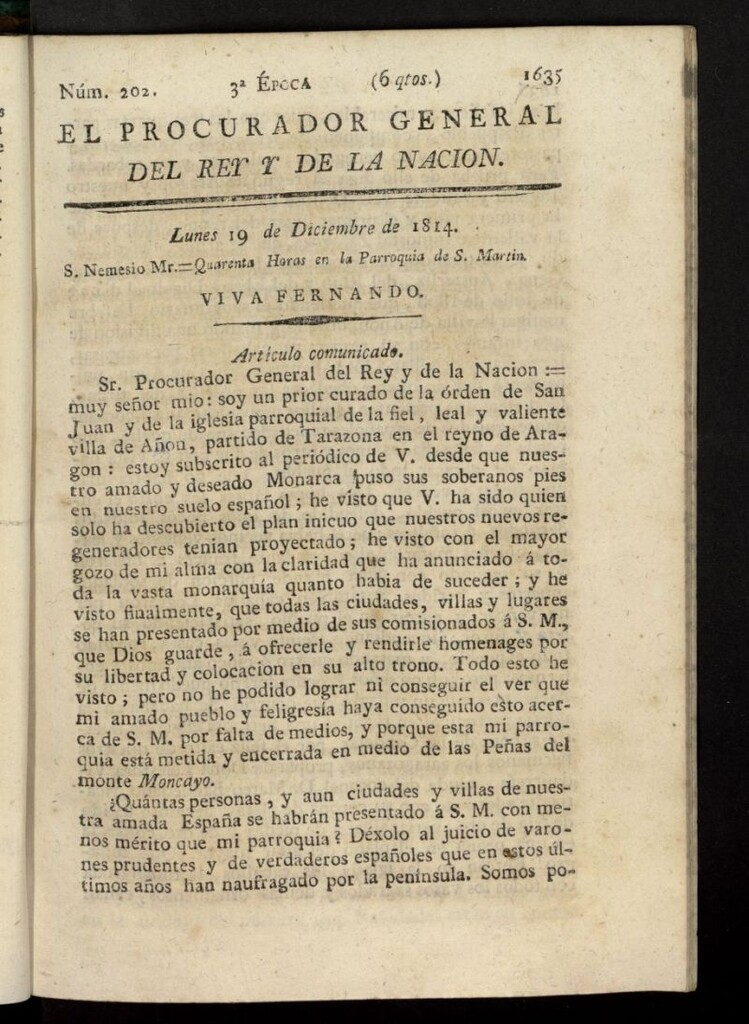 Miniatura de El Procurador General de la Nación y del Rey (Madrid) del 19 de diciembre de 1814, nº 202