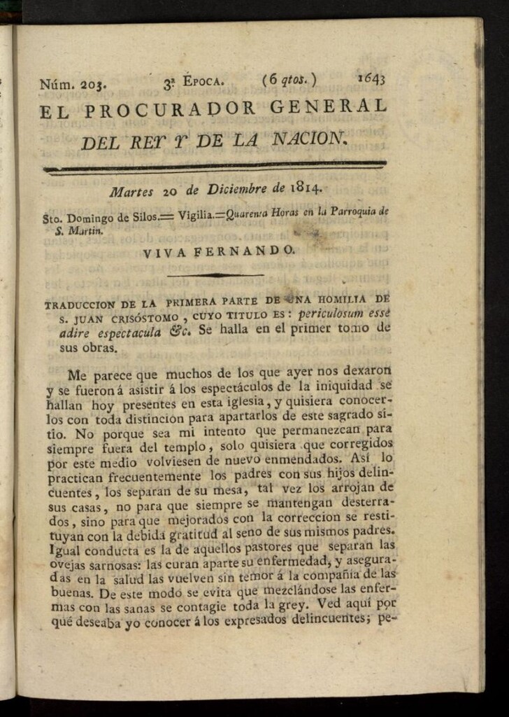 Miniatura de El Procurador General de la Nación y del Rey (Madrid) del 20 de diciembre de 1814, nº 203