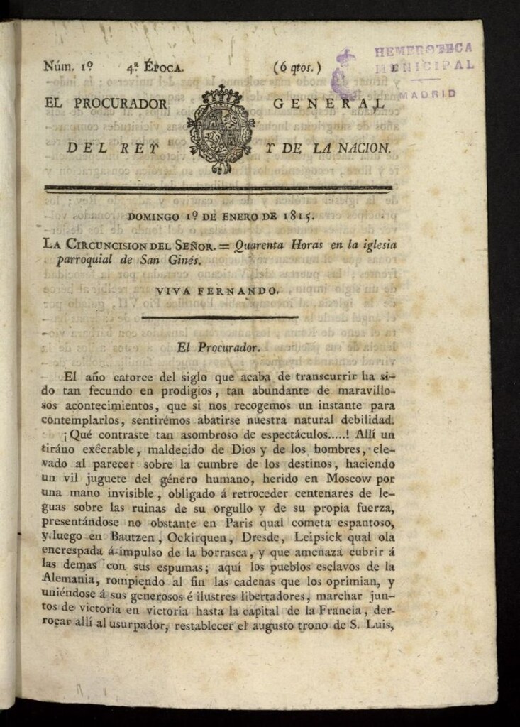 Miniatura de El Procurador General de la Nación y del Rey (Madrid) del 1 de enero de 1815, nº 1