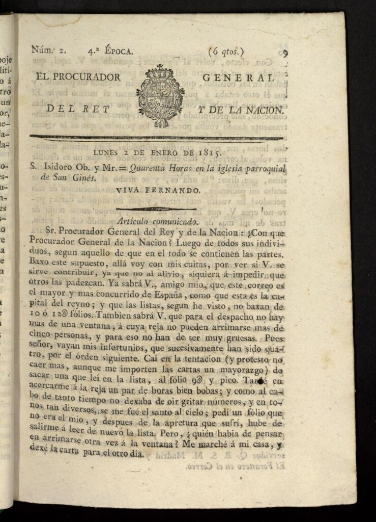 Miniatura de El Procurador General de la Nación y del Rey (Madrid) del 2 de enero de 1815, nº 2