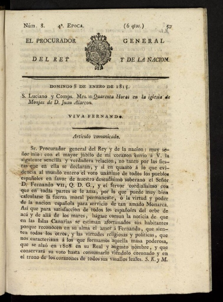 Miniatura de El Procurador General de la Nación y del Rey (Madrid) del 8 de enero de 1815, nº 8